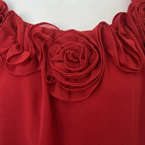 Leslie Fay Flower Rosette Trim Blouse 12 Red Sheer Sexy Romantic Cocktail Party - Picture 8 of 12